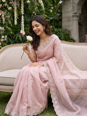 Organza Dusty Pink Beaded Floral Scalloped Border Saree