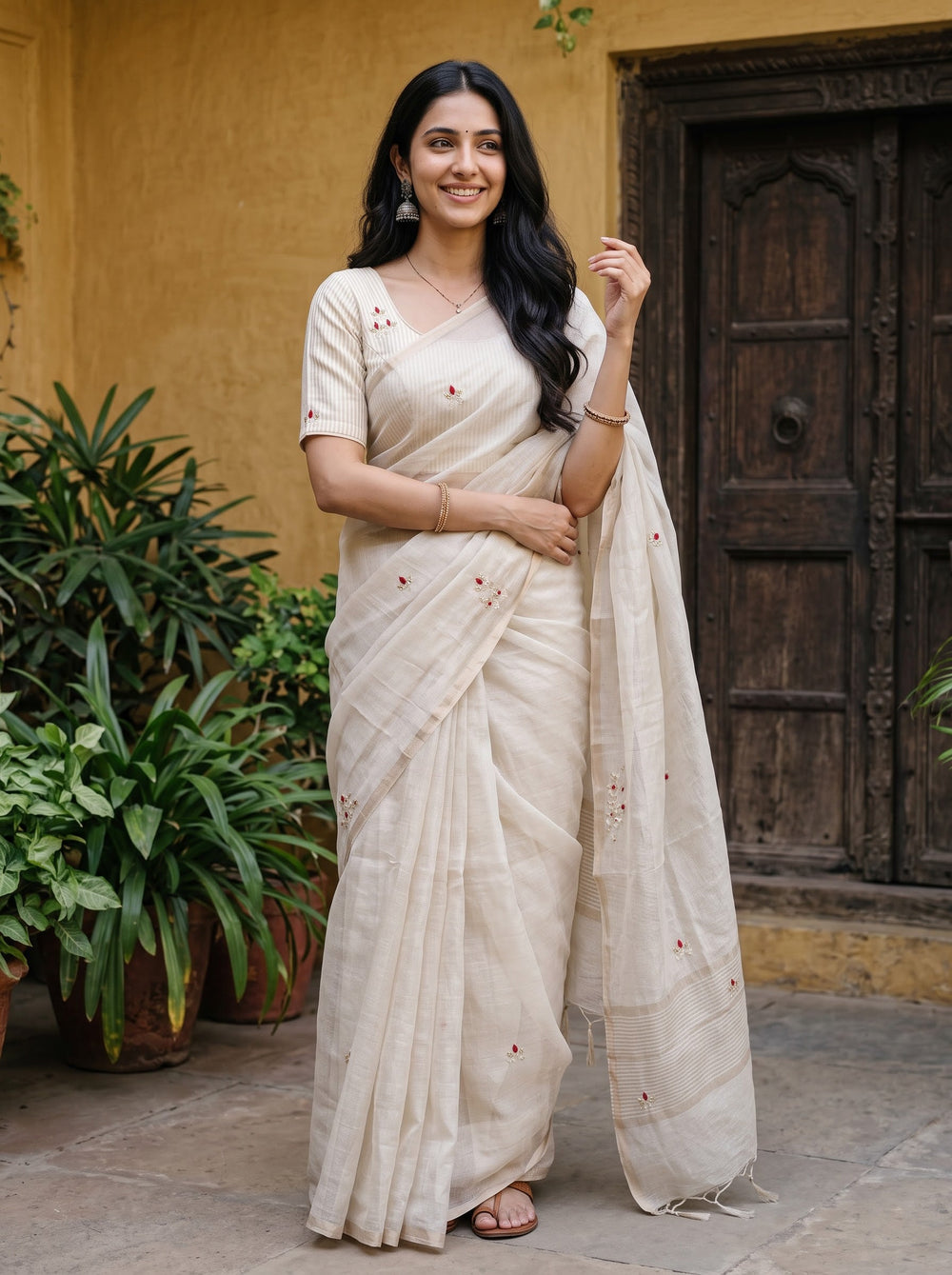 Tissue Cream Saree with Red Floral Embroidered Motifs and Striped Zari Pallu