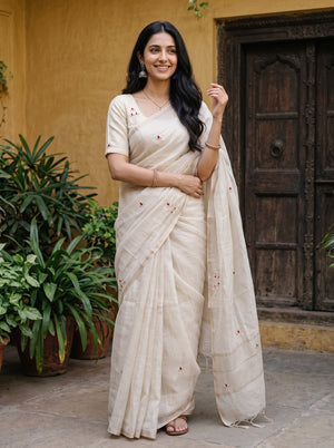 Tissue Cream Saree with Red Floral Embroidered Motifs and Striped Zari Pallu