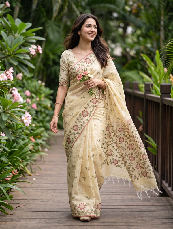 Linen Pale Yellow Floral Trail Border Saree