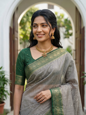 Semi Chanderi Grey Saree with Bottle Green Zari Striped Pallu