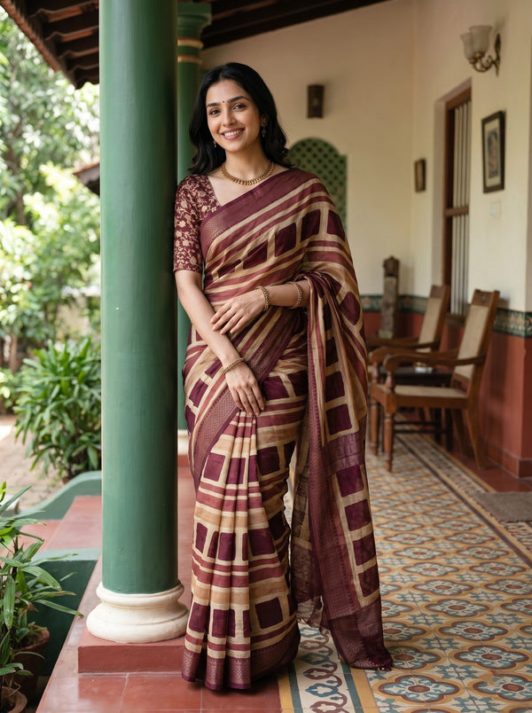 Pure Chanderi Maroon Tan Checkerboard Stripe Print Chevron Border Saree