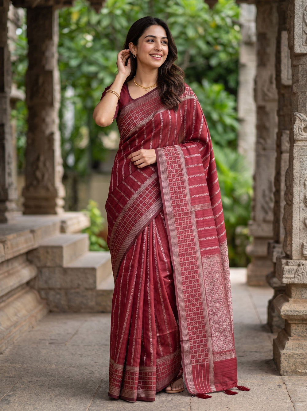 Matka Silk Red Golden Pinstripe Circular Floral Medallion Pallu