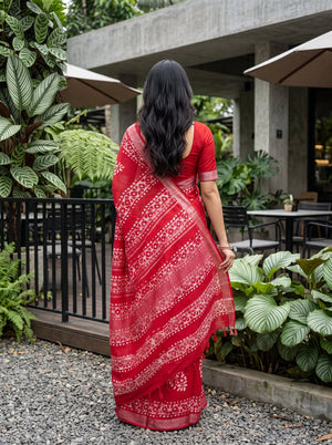 A woman viewed from behind wearing a red saree with white floral border patterns, standing outdoors in a garden patio setting with plants and concrete structures.