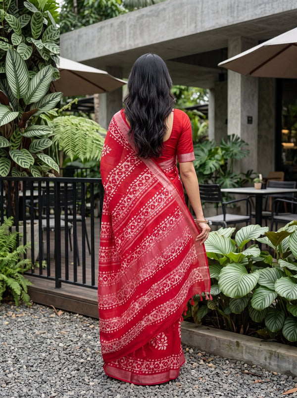 A woman viewed from behind wearing a red saree with white floral border patterns, standing outdoors in a garden patio setting with plants and concrete structures.