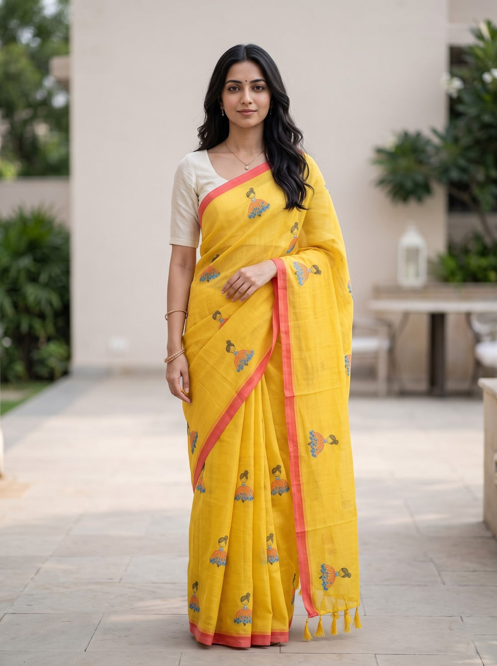 Cotton Linen Saree in Yellow with Cute Umbrella-Skirt Figure Print and Coral Trim