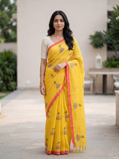 Cotton Linen Saree in Yellow with Cute Umbrella-Skirt Figure Print and Coral Trim