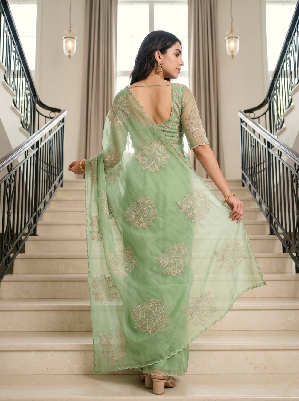 Organza Green Saree with Golden Outlined Peony Embroidery