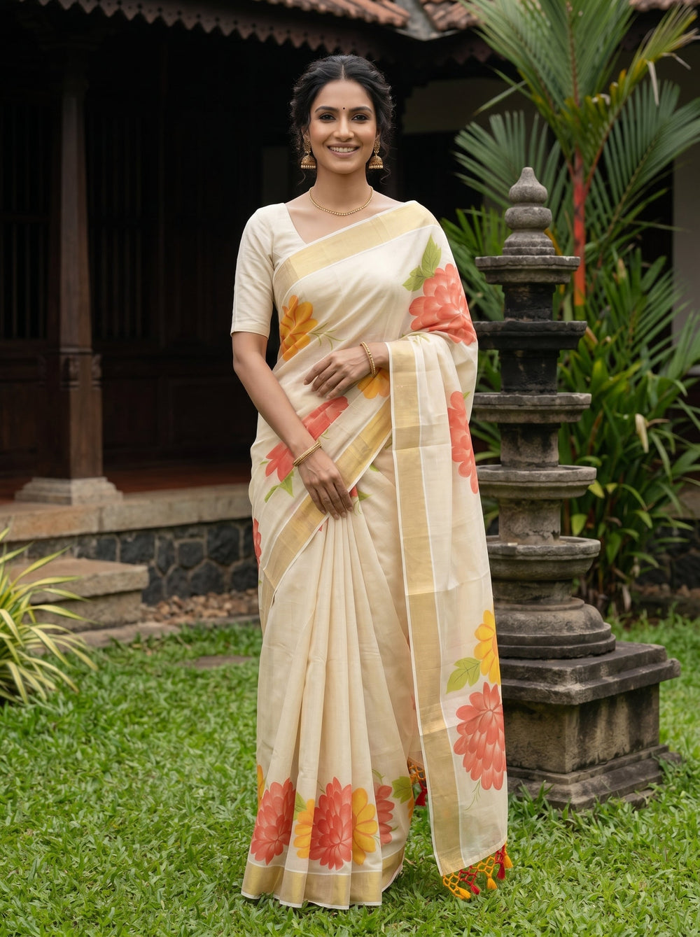 Woman in a floral saree standing outdoors with greenery and a traditional structure in the background