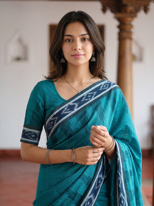Cotton Teal Navy Ikat Rosette Medallion Border Tasseled Saree