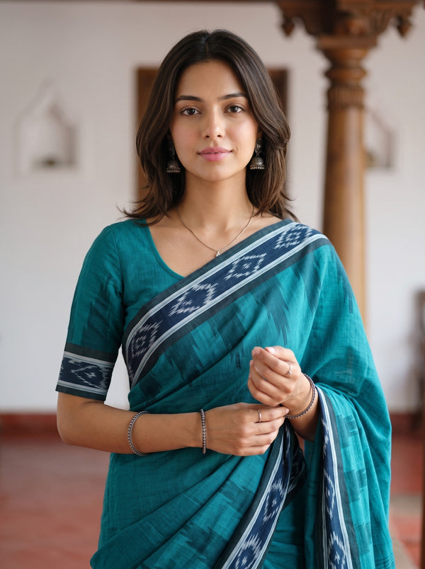 Cotton Teal Navy Ikat Rosette Medallion Border Tasseled Saree
