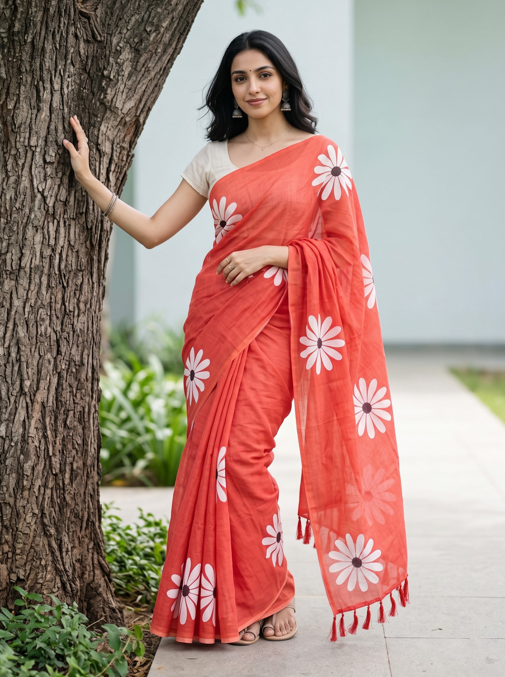 Cotton Red Saree with White Daisy Flower Print