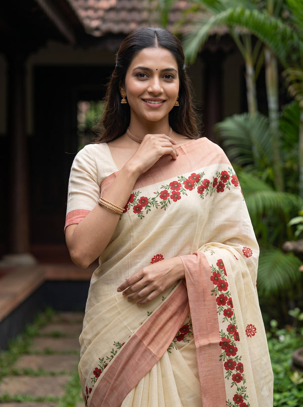 Tissue Cream Red Rose Floral Border with Copper Zari Border Onam Special Kerala Saree