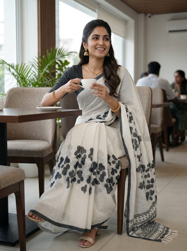 Cotton Saree in Off-White with Grey Foliage Print, Paisley Dotted Pallu