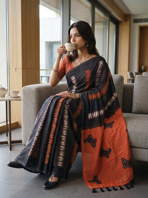 Cotton Black Saree with Orange Butterfly Print Pallu