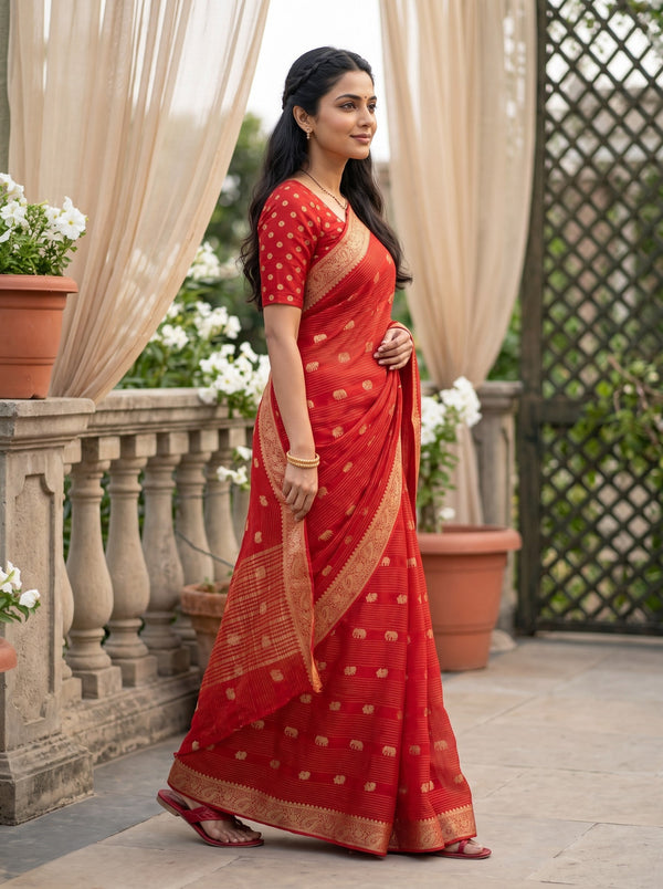Semi Georgette Banarasi  Red Gold Zari Elephant Motif Paisley Border Saree