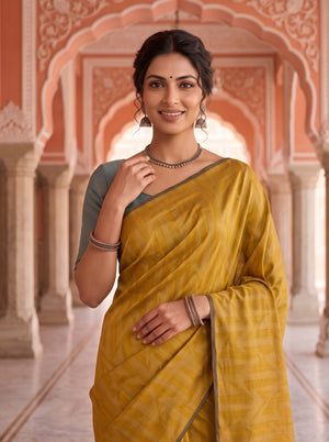 Semi Silk Mustard Golden Teal Contrast Border Zigzag Saree with Tassels