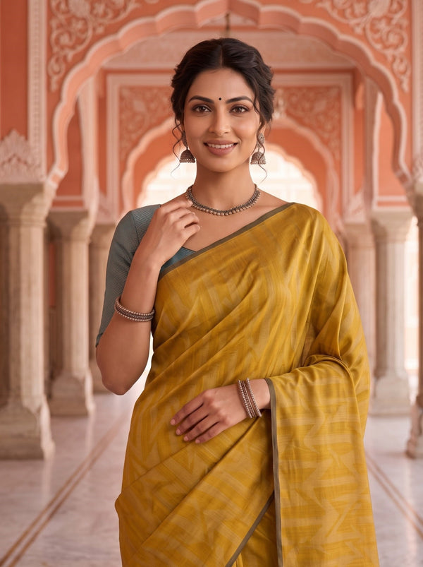 Semi Silk Mustard Golden Teal Contrast Border Zigzag Saree with Tassels