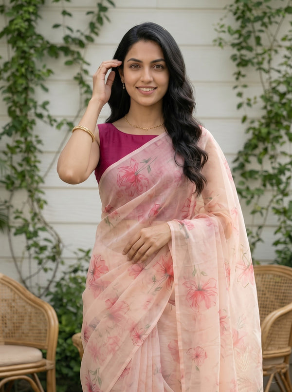 Organza Peach Pink Watercolor Floral Print Saree with Peach Tassels
