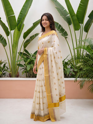 Cotton Off-White Gold Coin Butta Onam Special Kerala Saree