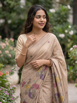 Chanderi Cotton Beige Saree Chrysanthemum Embroidery with Scattered Tulip Buds