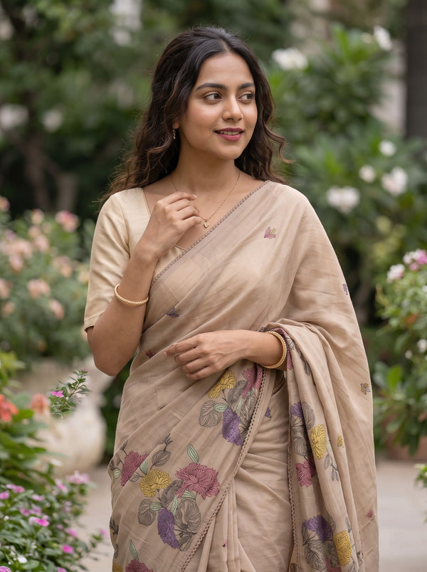 Chanderi Cotton Beige Saree Chrysanthemum Embroidery with Scattered Tulip Buds