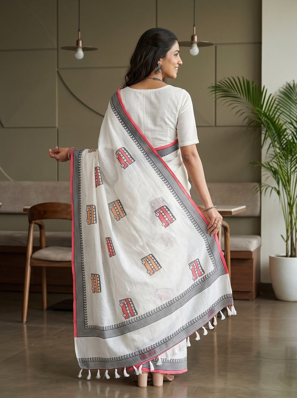 Cotton Saree in Off-White with Cartoon Bus Motifs and Paisley Trim