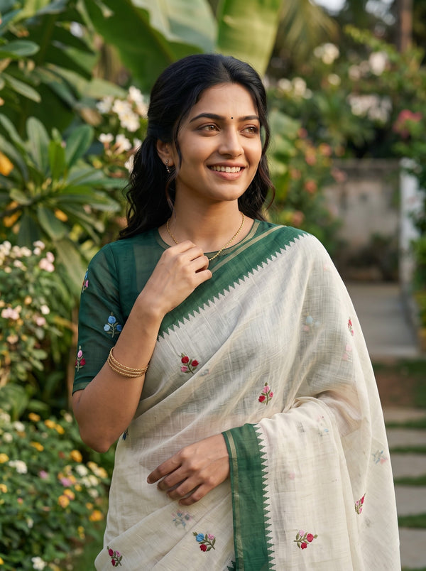 Tissue Saree in Off-White with Colorful Parrot Floral Embroidery
