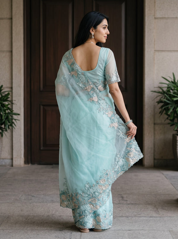 Organza Aqua Blue Zari Floral Embroidered Border Saree