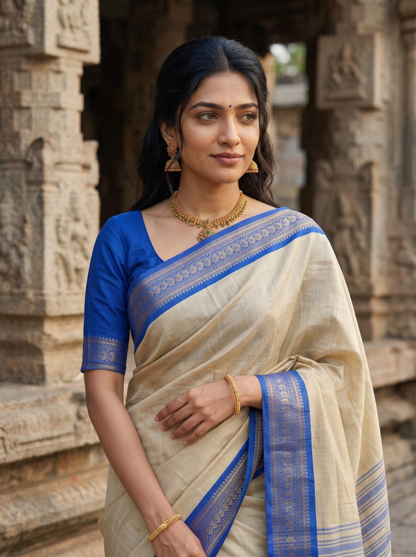 Semi Silk Beige Saree Striped Body with Blue Brocade Border