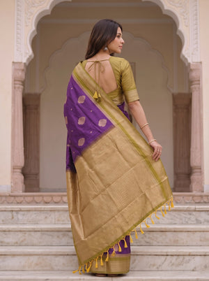 Semi Silk Deep Purple Golden Zari Scattered Butta Saree
