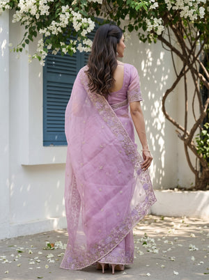Organza Mauve Self-Tone Rose Floral Embroidered Lace Border Saree