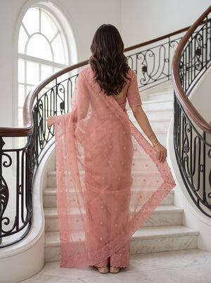 Organza Dusty Pink Self-Tone Floral Scalloped Lace Border Saree