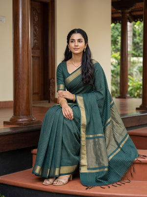 Cotton Silk Bottle Green Saree with Grey Zari Shimmer Pallu