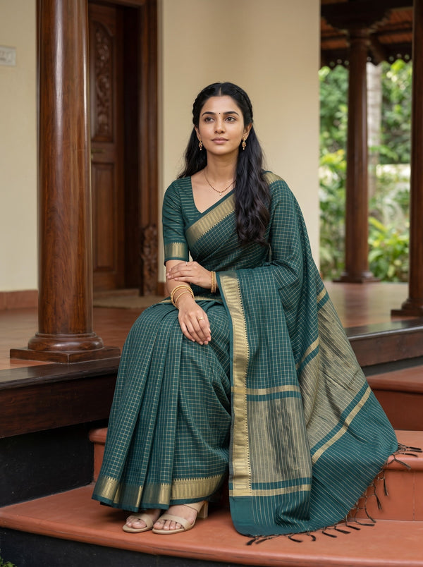 Cotton Silk Bottle Green Saree with Grey Zari Shimmer Pallu