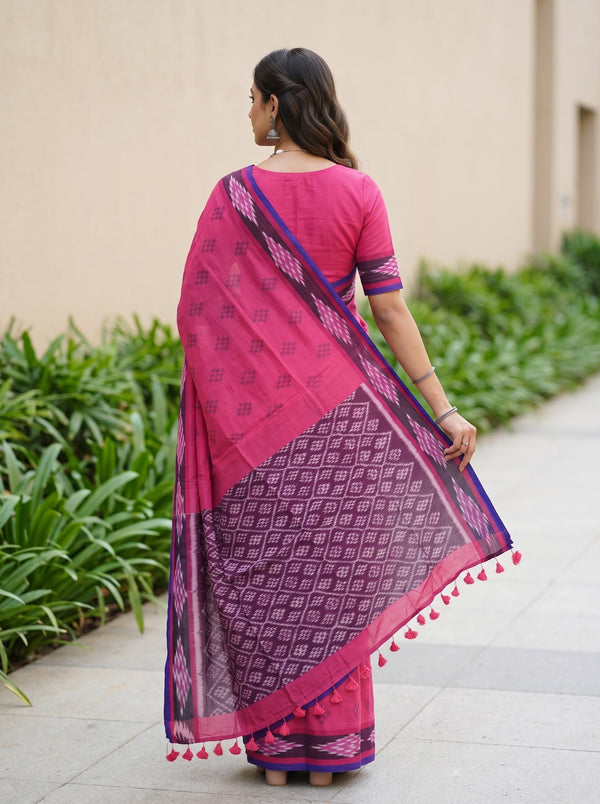 Cotton Pink Saree with Purple Ikat Diamond Print Pallu