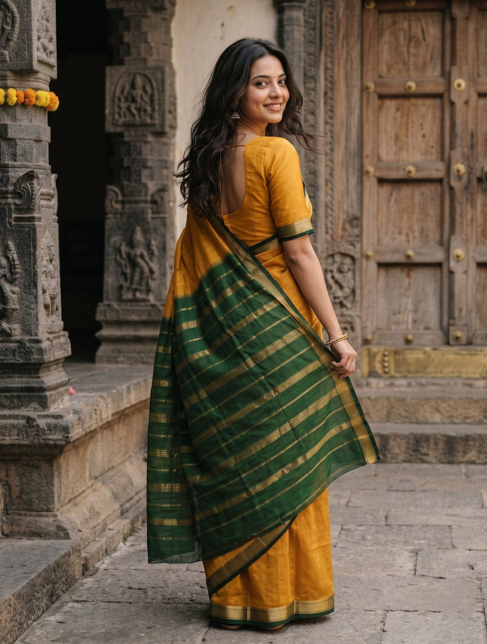 Mysore Silk Mustard Yellow Saree with Bottle Green Zari Striped Pallu