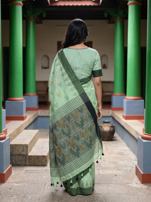 Cotton Mint Green Grey Ikat Butta Checkered Saree