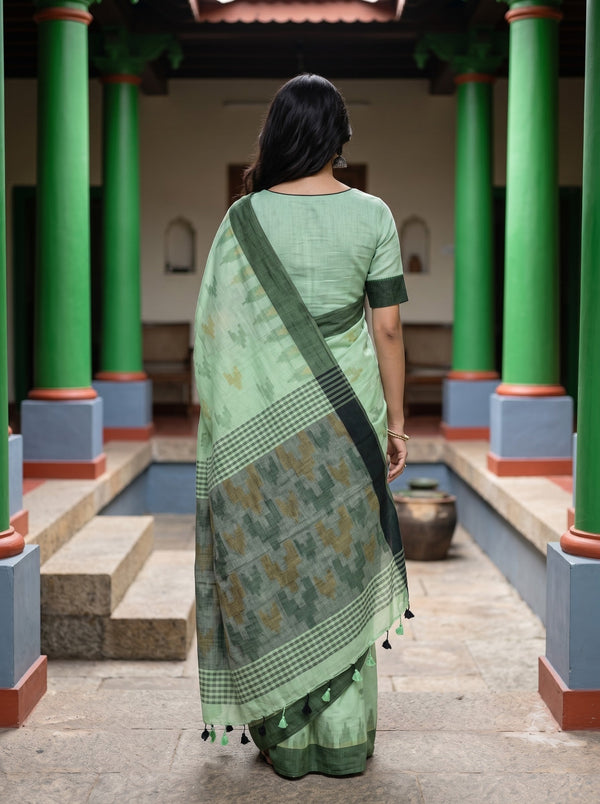 Cotton Mint Green Grey Ikat Butta Checkered Saree