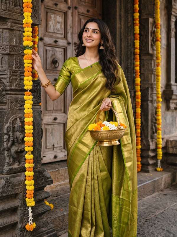 Brocade Silk Olive Green Saree with Golden Zari Brocade Pallu and Wide Border