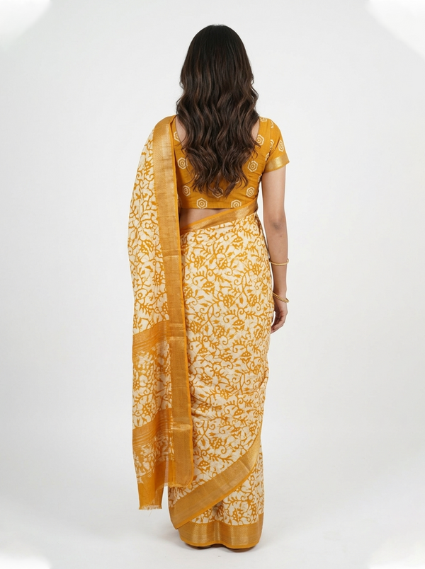 Soft Cotton Mustard Yellow Floral Vine Print Saree with Zari Border