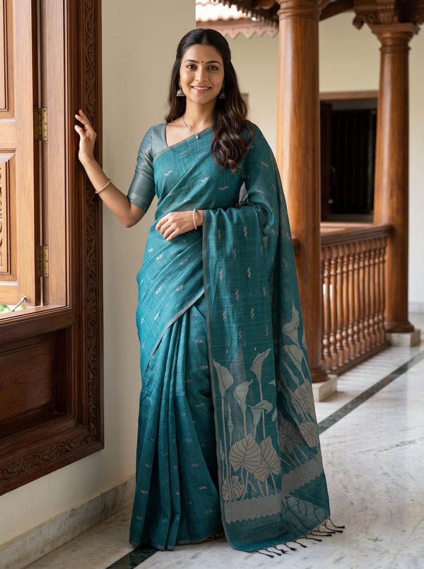 Semi Silk Teal Green Calla Lily Botanical Print Saree with Tassels