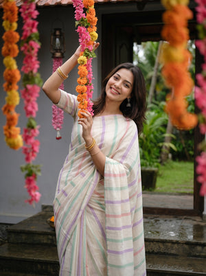 Cotton Cream Multicolour Striped Tassel Pattern Saree