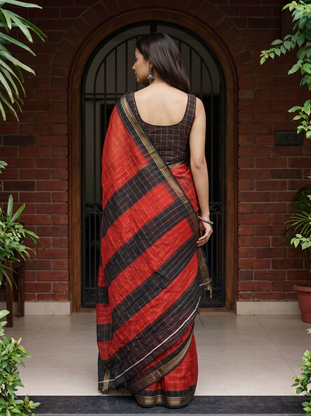 Synthetic Red Checked Saree with Black Golden Border