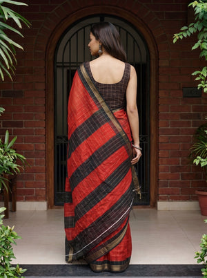 Synthetic Red Checked Saree with Black Golden Border