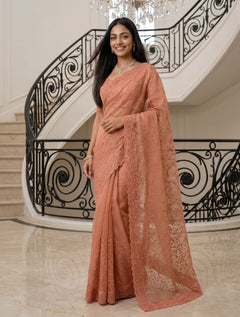 Organza Peach Saree with Floral Vine Embroidery and Scalloped Border