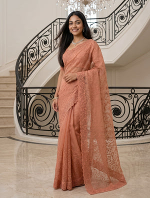 Organza Peach Saree with Floral Vine Embroidery and Scalloped Border