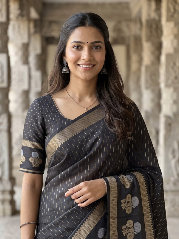 Semi Silk Black Golden Silver Floral Bouquet Border Saree with Tassels