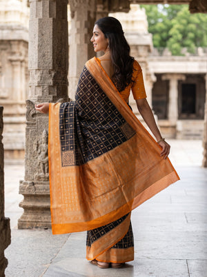 Banarasi Silk Black Orange Contrast Pallu Checkered Saree