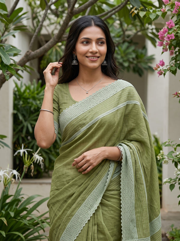 Cotton Linen Olive Green Saree with Lace Border and Striped Woven Detailing